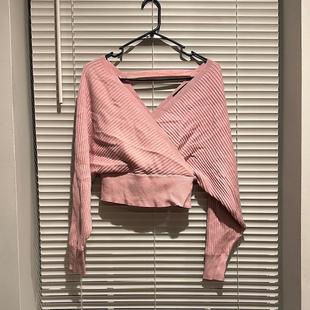 Pink Ribbed Wrap Top